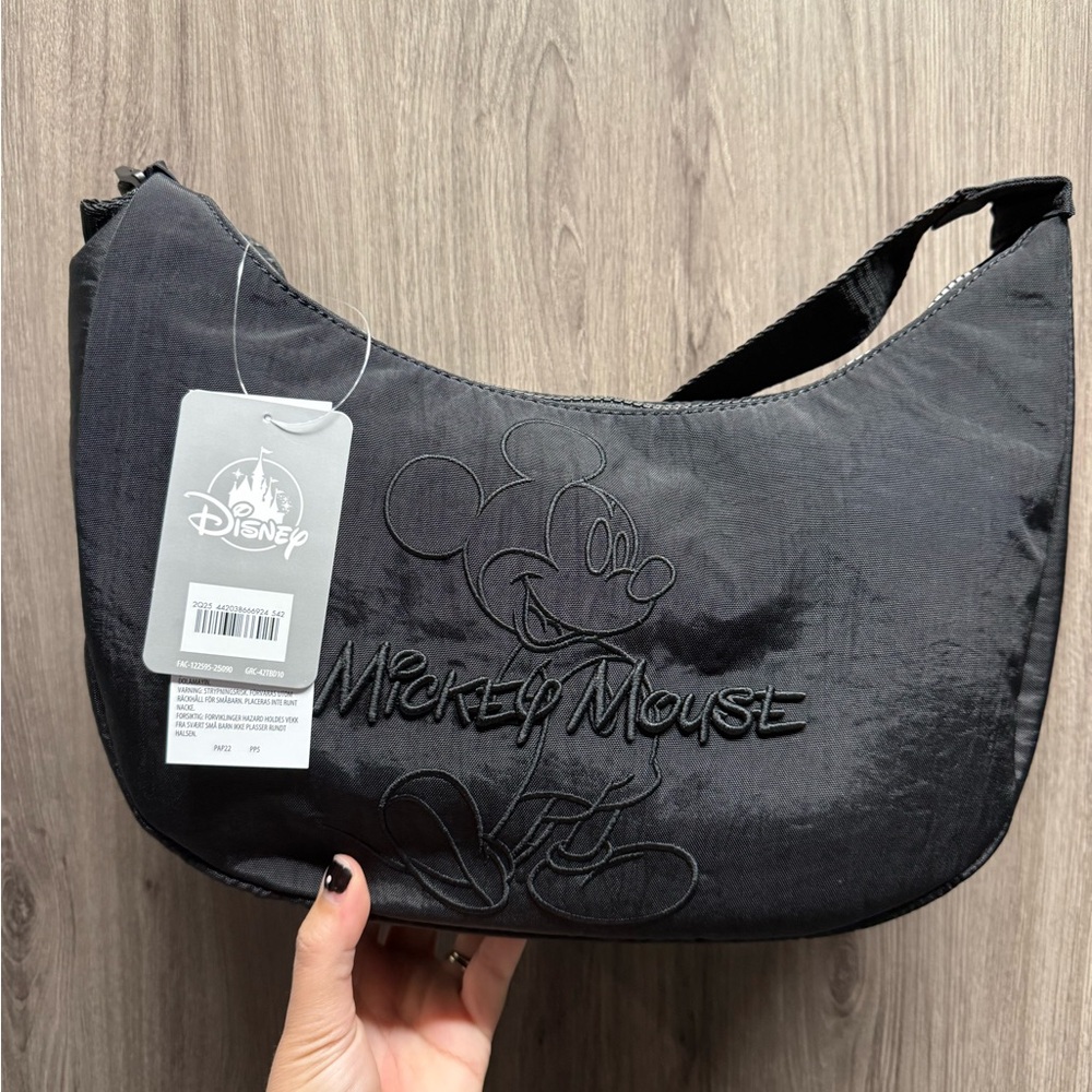 Disney Black Embroidered Mickey Mouse Crescent Shoulder Bag